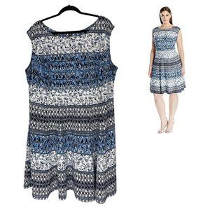 Size 16W 1X JULIAN TAYLOR BLUE‎ PAISLEY-FLORAL MIXED PRINT DRESS Summer PLUS